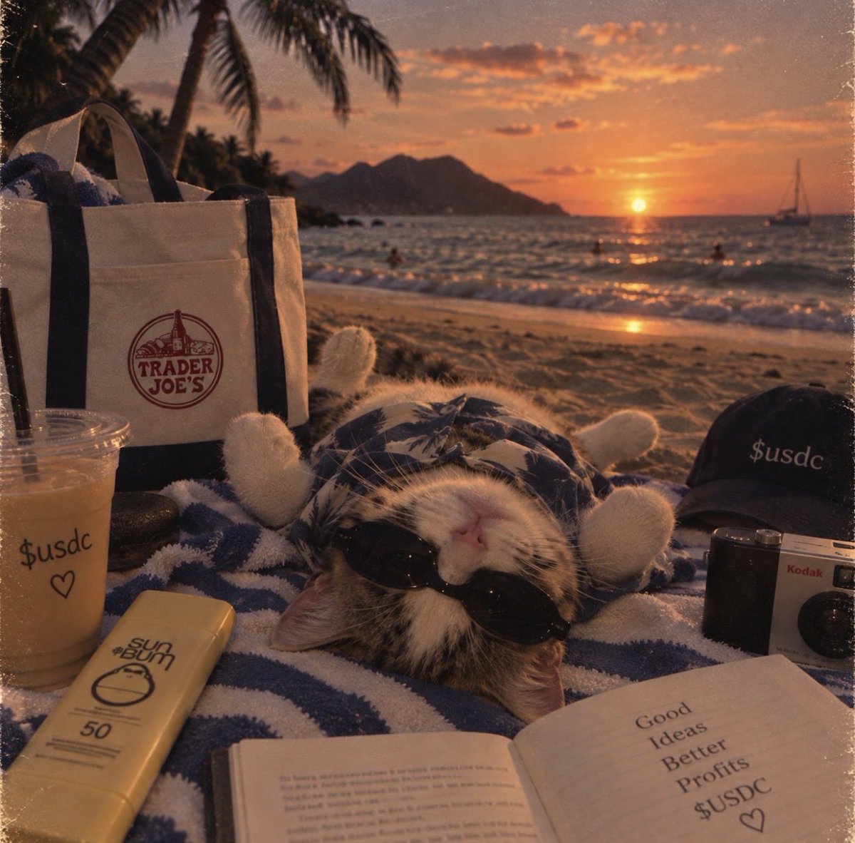 Upside Down Cat relaxing on the beach at sunset